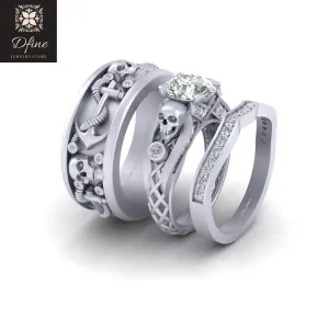 2.55cttw Diamond Skull Engagement Ring Anchor Wedding Band Set Matching Skull Couple Rings Solid 925 Sterling Silver
