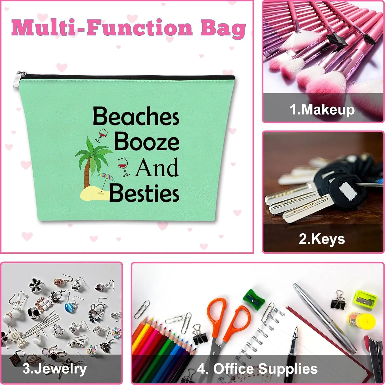 2Pcs Beach Gifts for Women Makeup Bag Beach Lover Gifts Funny Vacation Gift Cosmetic Bag Beach Themed Gift for Girl Bestie Birthday Christmas Graduation Gift for Beach Lover Travel Pouch (Green,Beige)
