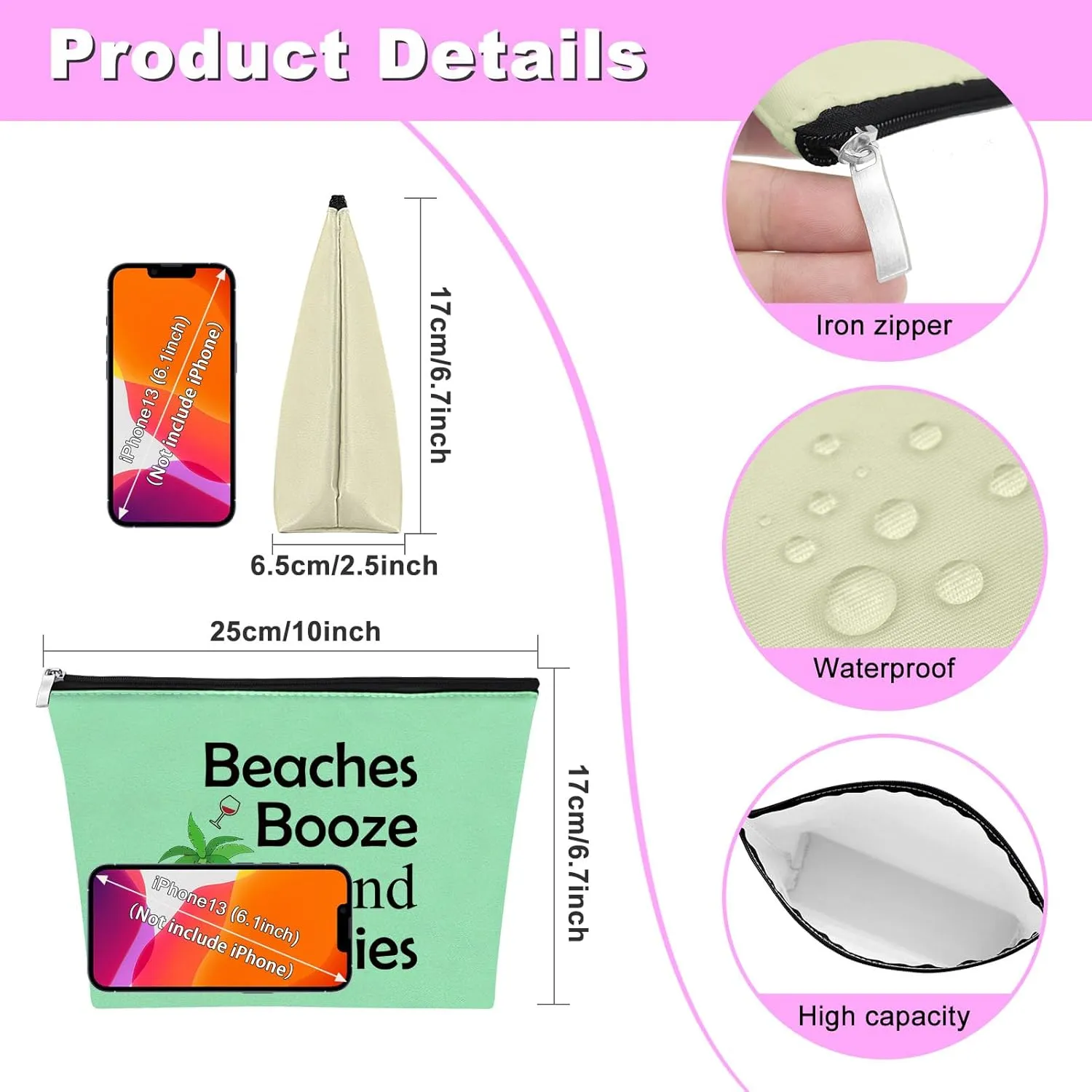 2Pcs Beach Gifts for Women Makeup Bag Beach Lover Gifts Funny Vacation Gift Cosmetic Bag Beach Themed Gift for Girl Bestie Birthday Christmas Graduation Gift for Beach Lover Travel Pouch (Green,Beige)