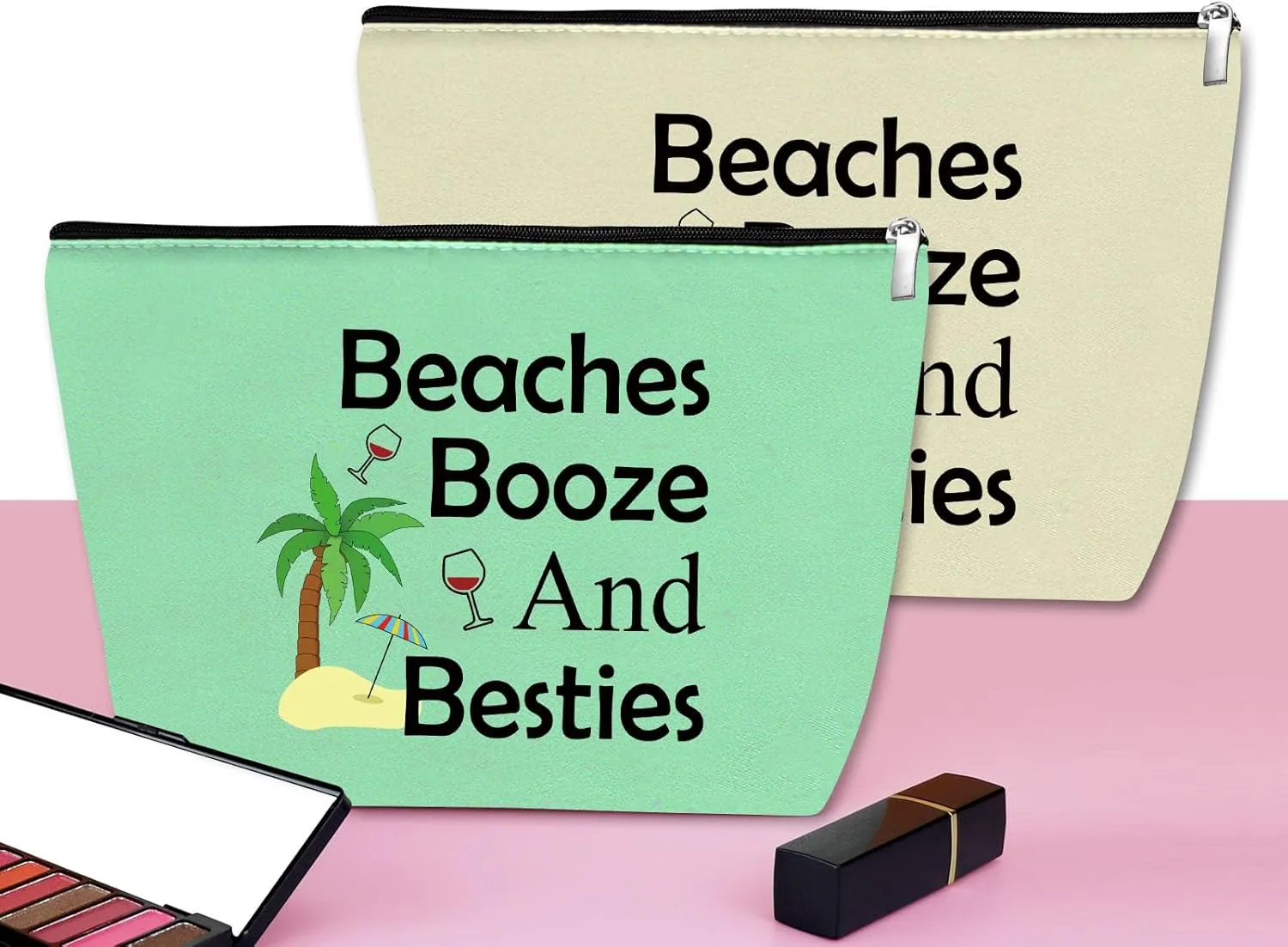 2Pcs Beach Gifts for Women Makeup Bag Beach Lover Gifts Funny Vacation Gift Cosmetic Bag Beach Themed Gift for Girl Bestie Birthday Christmas Graduation Gift for Beach Lover Travel Pouch (Green,Beige)