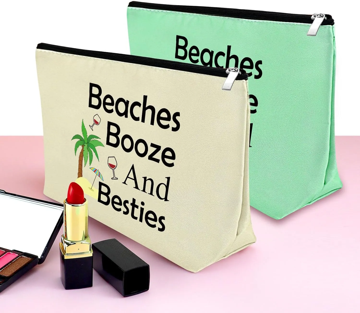 2Pcs Beach Gifts for Women Makeup Bag Beach Lover Gifts Funny Vacation Gift Cosmetic Bag Beach Themed Gift for Girl Bestie Birthday Christmas Graduation Gift for Beach Lover Travel Pouch (Green,Beige)