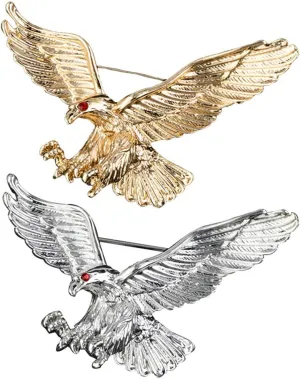 2PCS Men's Brooch Eagle Hanging Chain Brooch Stone Detailing with Engraving Metal Crystal Brooch Suit Stud Lapel Pin Vintage Rhinestone Breastpin Wedding Brooch Pin, Gold and Silver