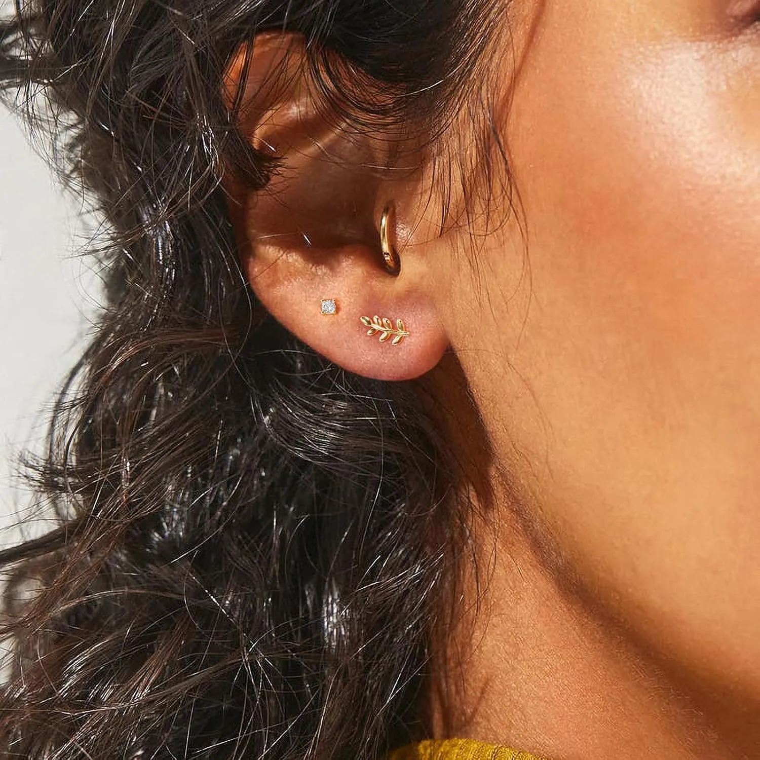 3 Pairs 14k CZ Gold Huggie Hoop Cartilage Earrings Set: Dainty CZ Stud Trendy Dangle Pearl Hoop Earrings Hypoallergenic Leaf Piercing Climber Huggie Earring for Women Gold Jewelry for Everyday