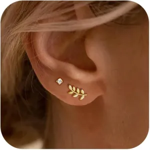 3 Pairs 14k CZ Gold Huggie Hoop Cartilage Earrings Set: Dainty CZ Stud Trendy Dangle Pearl Hoop Earrings Hypoallergenic Leaf Piercing Climber Huggie Earring for Women Gold Jewelry for Everyday