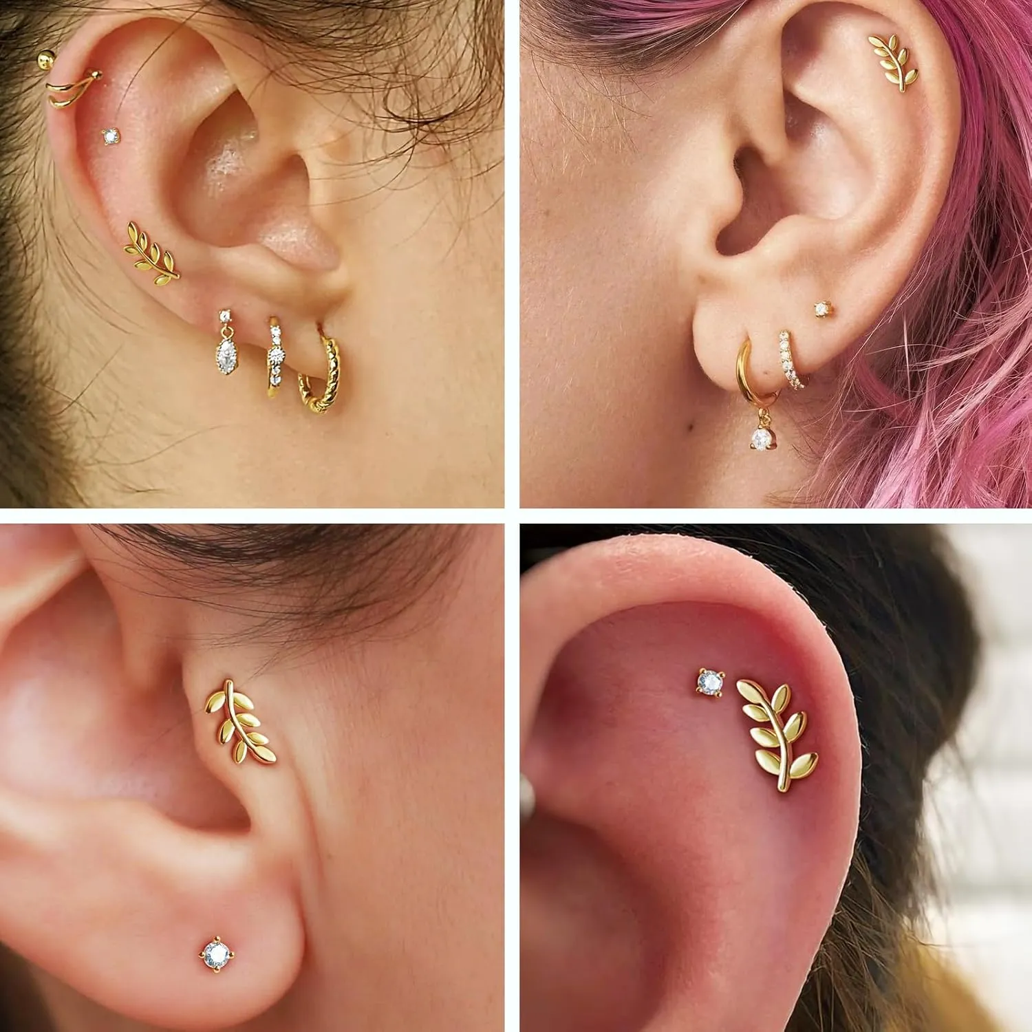 3 Pairs 14k CZ Gold Huggie Hoop Cartilage Earrings Set: Dainty CZ Stud Trendy Dangle Pearl Hoop Earrings Hypoallergenic Leaf Piercing Climber Huggie Earring for Women Gold Jewelry for Everyday