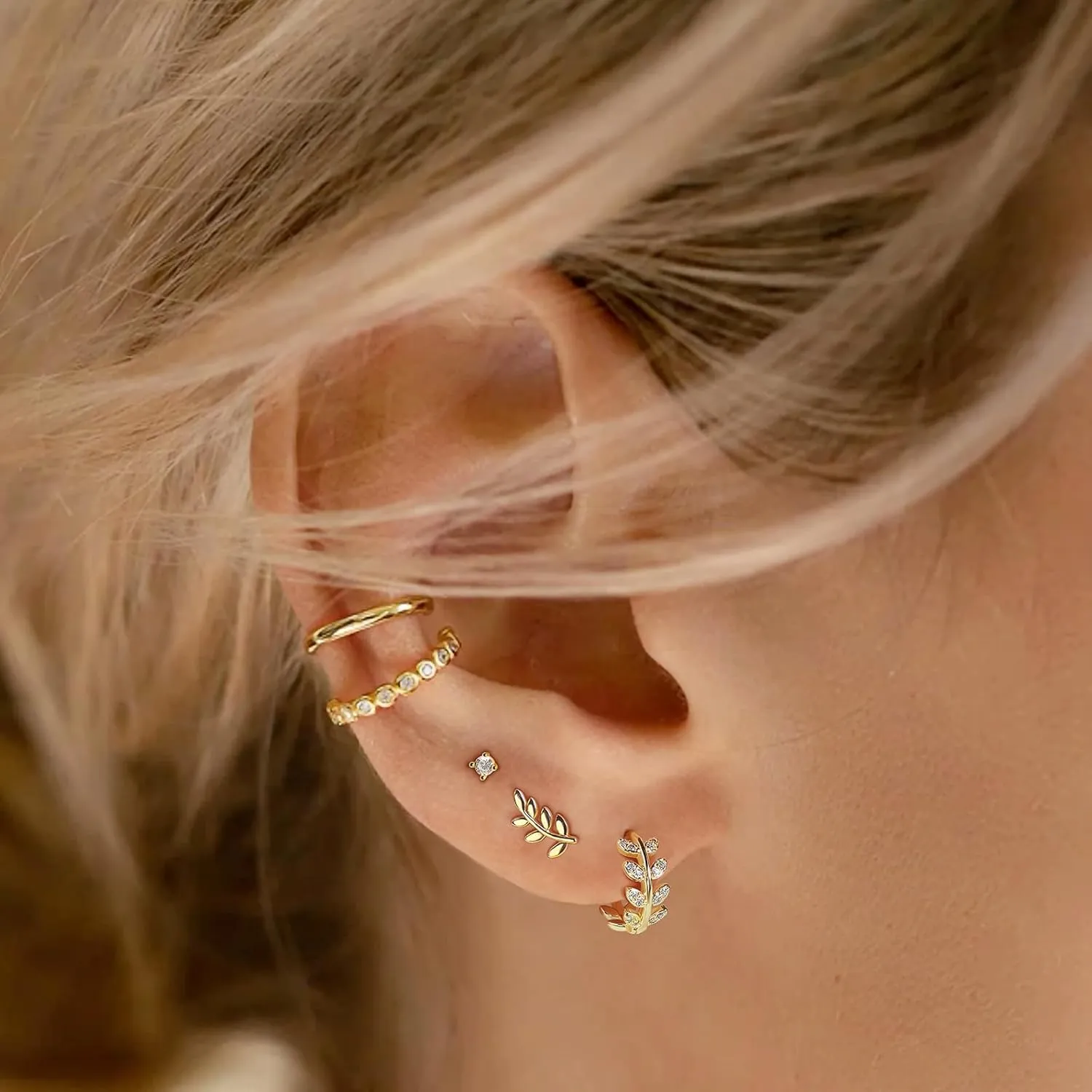 3 Pairs 14k CZ Gold Huggie Hoop Cartilage Earrings Set: Dainty CZ Stud Trendy Dangle Pearl Hoop Earrings Hypoallergenic Leaf Piercing Climber Huggie Earring for Women Gold Jewelry for Everyday