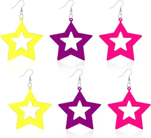 3 Pairs 80s 90s Neon Earrings for Women, Star Acrylic Glow Party Earrings, Retro Colorful Drop Earrings for 80s Costume Dancing Party Accessory, Neon Accessories for 80's Outfit, Style 2