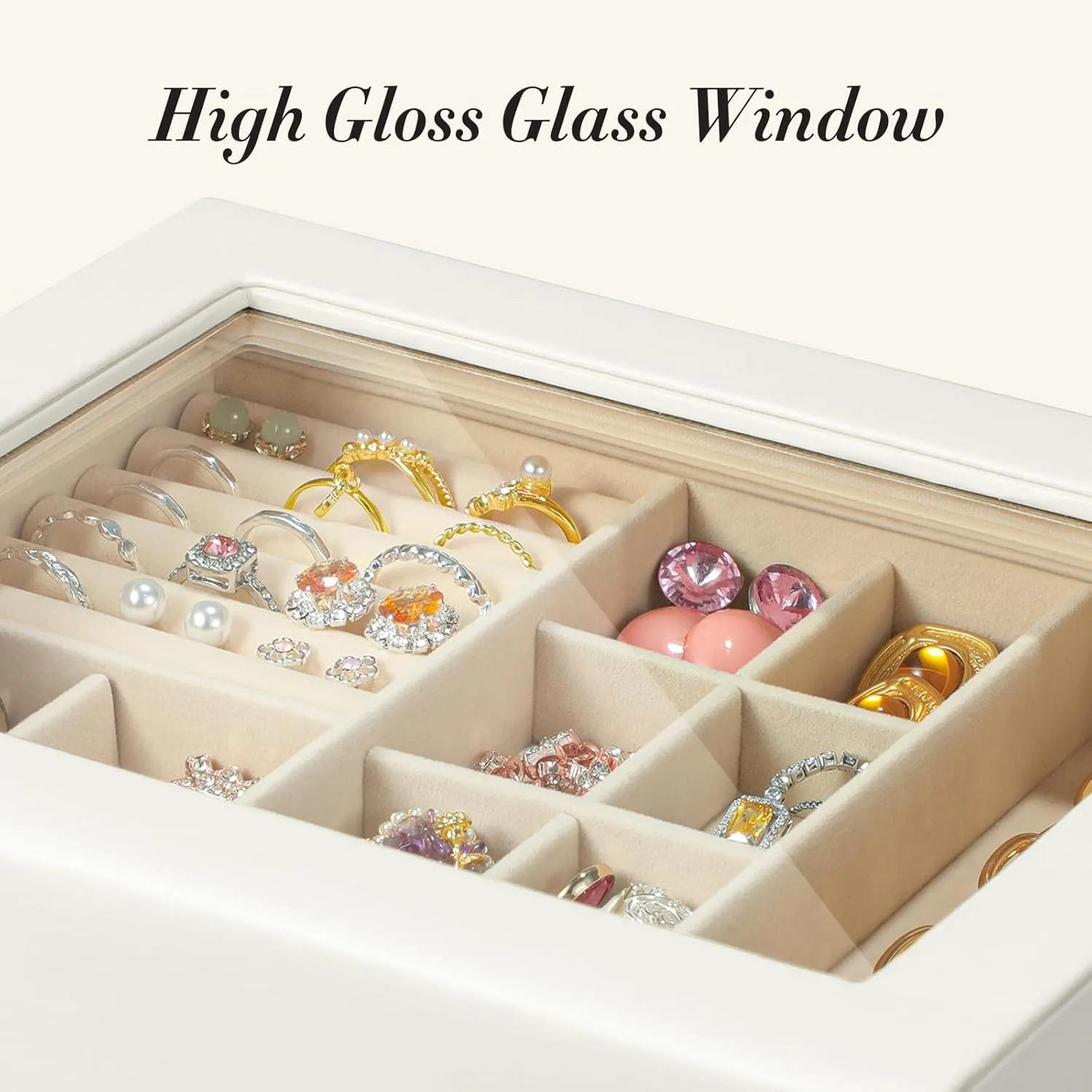 4 Layer Jewelry Box with Glass Lid, Large Jewelry Organizer with 3 Drawers for Women Girls, Adjustable Compartments, Modern Style, Cream White
