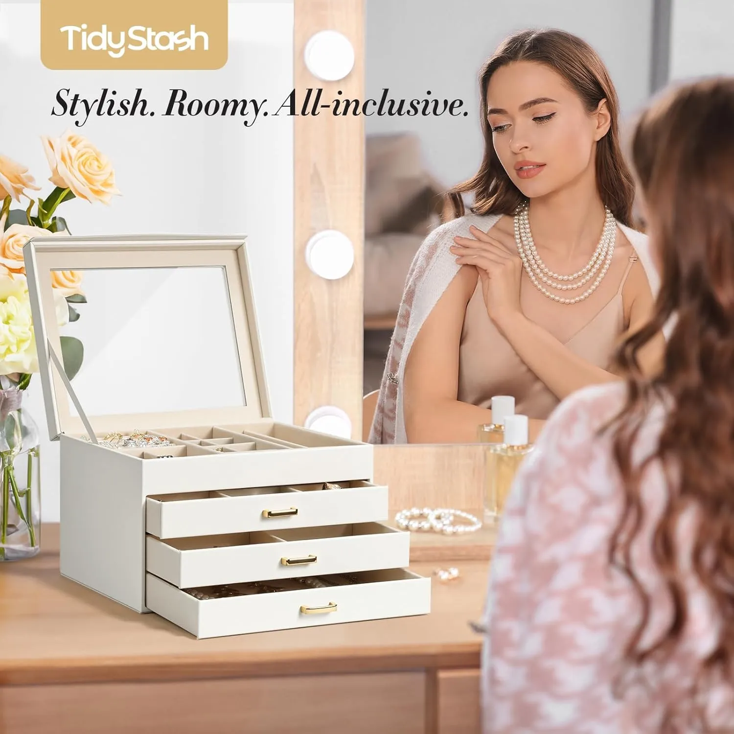 4 Layer Jewelry Box with Glass Lid, Large Jewelry Organizer with 3 Drawers for Women Girls, Adjustable Compartments, Modern Style, Cream White
