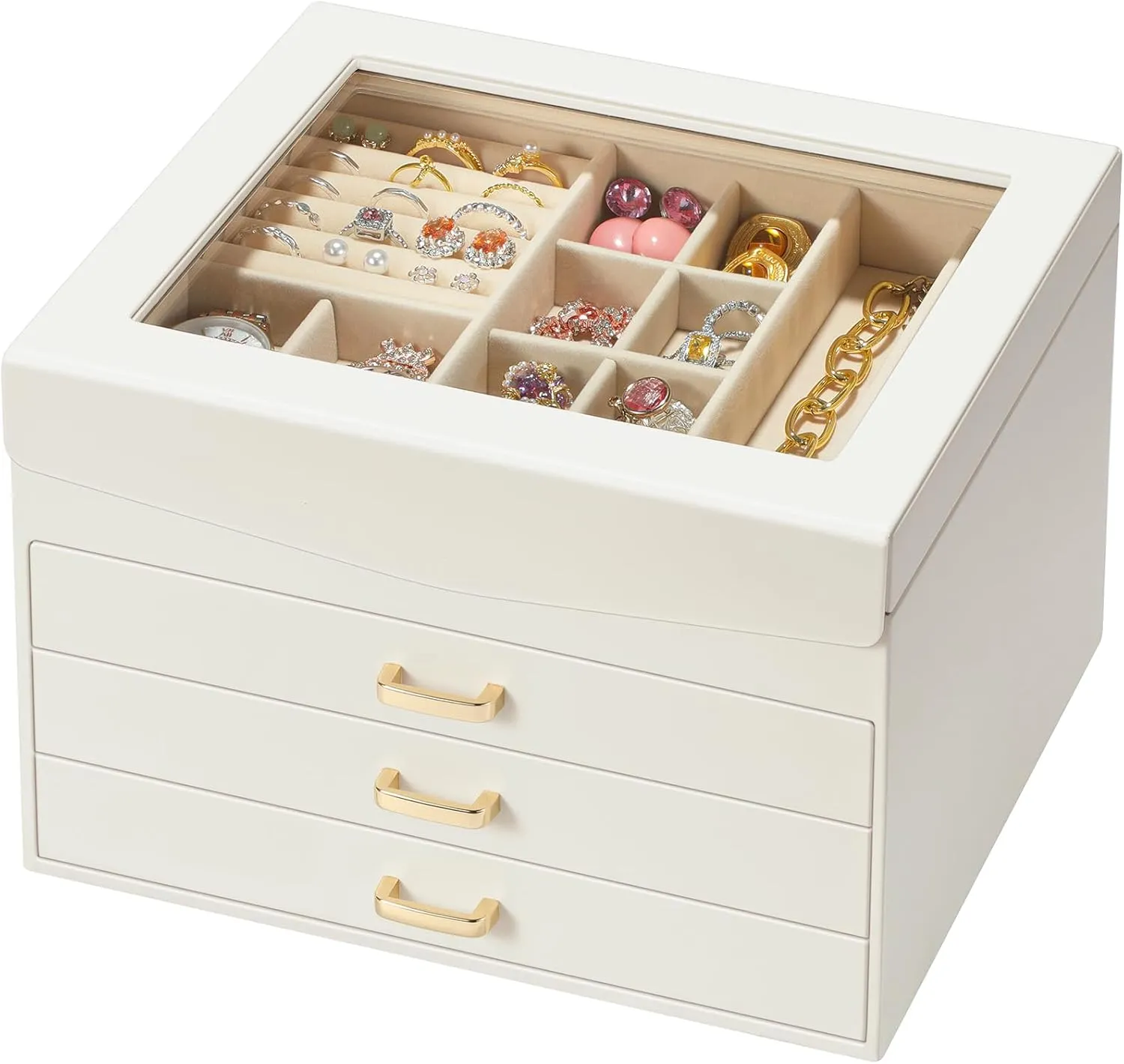 4 Layer Jewelry Box with Glass Lid, Large Jewelry Organizer with 3 Drawers for Women Girls, Adjustable Compartments, Modern Style, Cream White