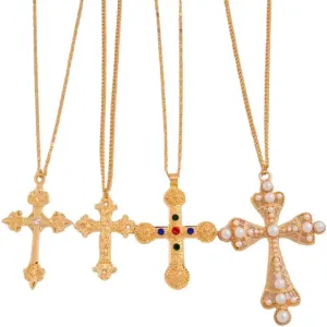 4-Pack Vintage Gold Cross Necklaces  Chunky Statement Pearl & Gem Pendants for Women, Layered Fashion Jewelry Set