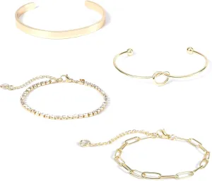 4pcs Gold Bracelets for Women, Length 8.3in Premium Copper Charm Stackable Bracelets Bangles for Women Various Styles Fashionable Stack Jewelry Suitable for Women Girls(Gold)