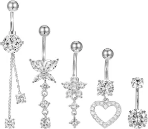 4Pcs Sterling Silver Belly Button Ring, 14G Silver Stainless Steel Belly Button Piercing Jewelry Heart Elegant Butterfly Bow Flower Navel Belly Rings for Women Men