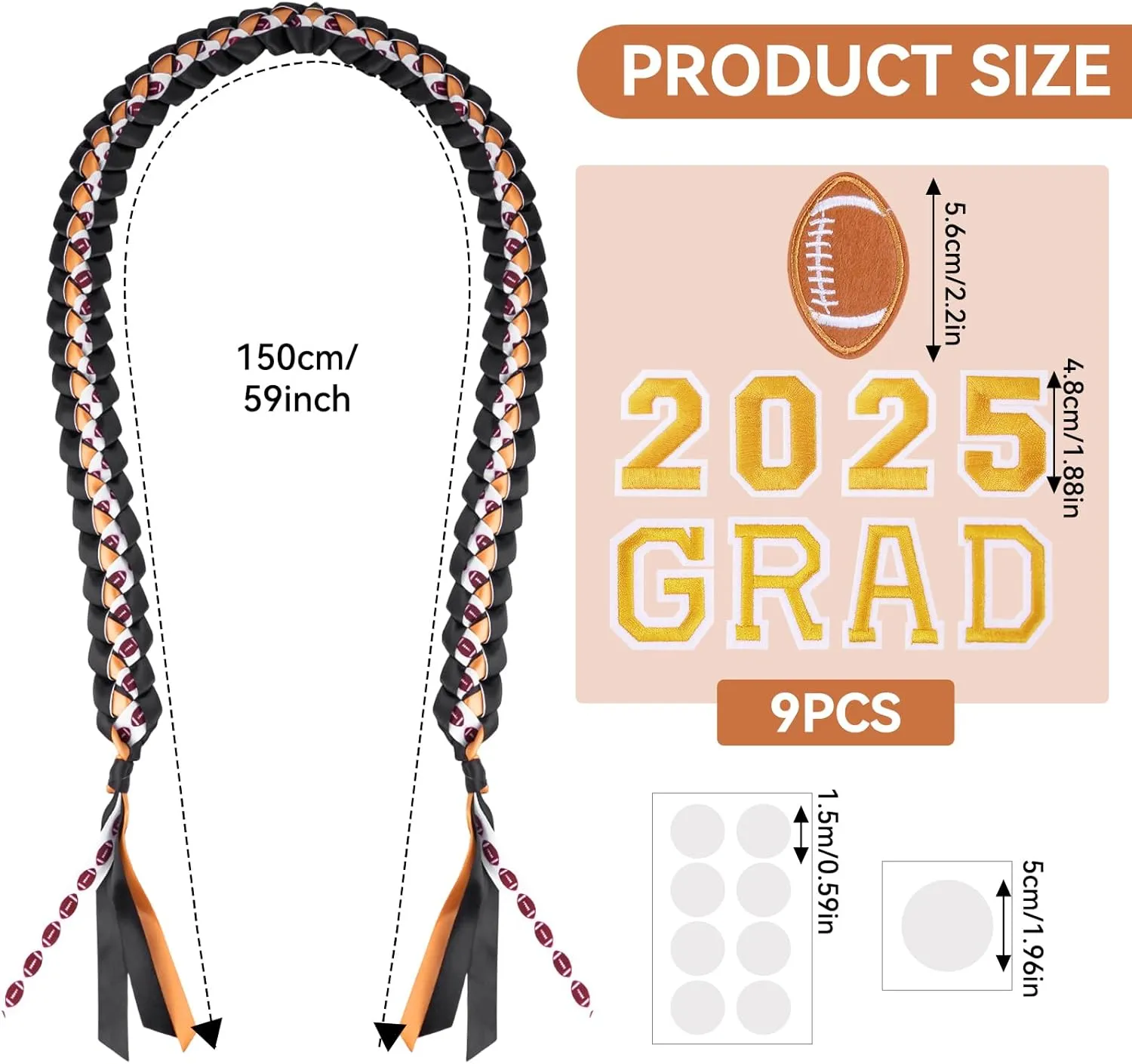 59'' Sport Graduation Lei with Letters Class of 2025 Graduation Necklace Leis Congrats Graduates Ribbon Double Braided Necklace for Football Bsaketball Player Student Grad Party Accessories