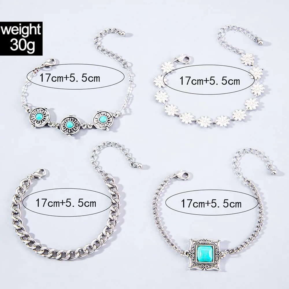 5pcs Bohemian Sliver Turquoise Gemstone Bracelet Retro Stackable Beaded Link Adjustable Bangle Jewelry Beach Party Western Accessories for Women