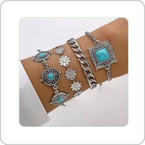 5pcs Bohemian Sliver Turquoise Gemstone Bracelet Retro Stackable Beaded Link Adjustable Bangle Jewelry Beach Party Western Accessories for Women
