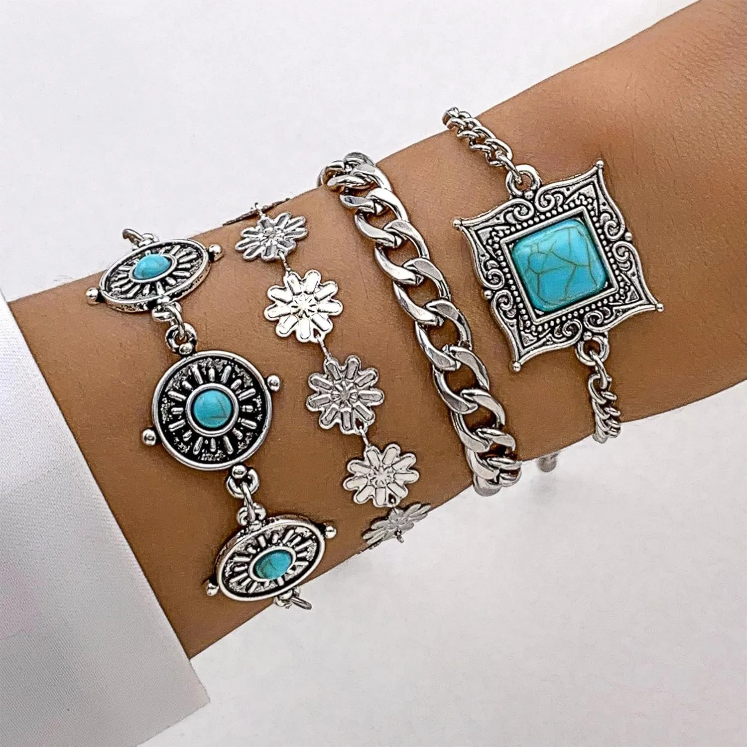5pcs Bohemian Sliver Turquoise Gemstone Bracelet Retro Stackable Beaded Link Adjustable Bangle Jewelry Beach Party Western Accessories for Women