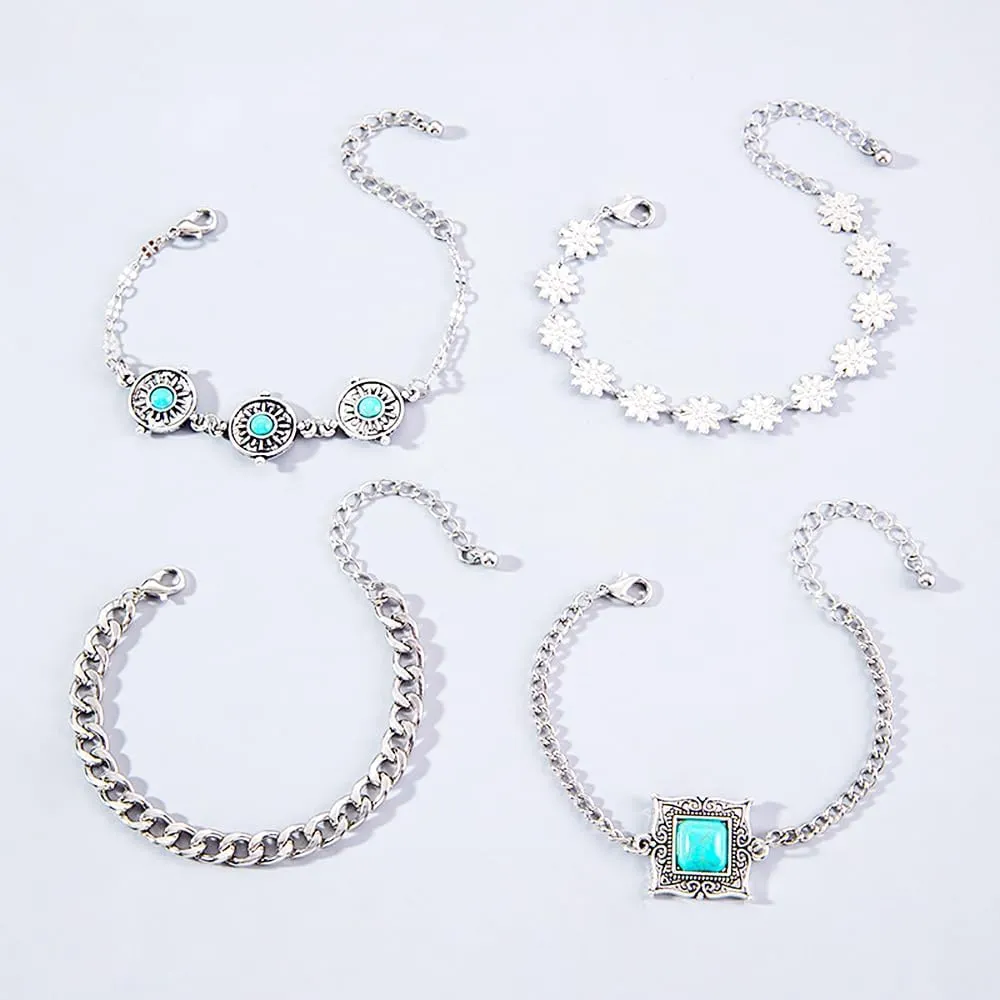 5pcs Bohemian Sliver Turquoise Gemstone Bracelet Retro Stackable Beaded Link Adjustable Bangle Jewelry Beach Party Western Accessories for Women