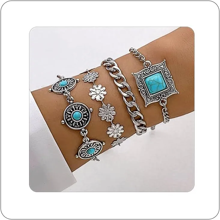 5pcs Bohemian Sliver Turquoise Gemstone Bracelet Retro Stackable Beaded Link Adjustable Bangle Jewelry Beach Party Western Accessories for Women