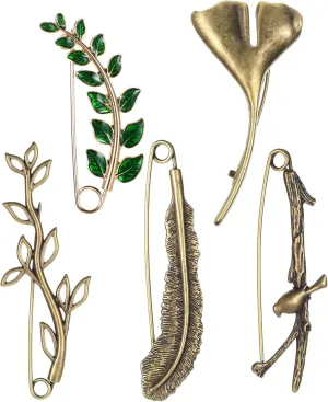 5PCS Different Extra Large Safety Pins, Vintage Bronze Alloy Shawl Pins Brooches Ginkgo Leaf Feather Bird Branches Lapel Pin Vintage Decorative Elegant Safety Pin for Scarf Skirt Hat Bag Shawl