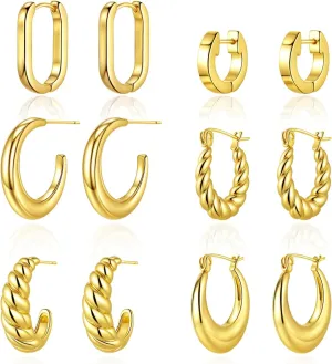 6 Pairs Chunky Hoop Earrings Set for Women 14K Gold Plated Hypoallergenic Hoops Open Twist Huggie Earrings Lightweight Thick Hoops for Everyday (Christmas/Valentines/Mothers Day Jewelry)