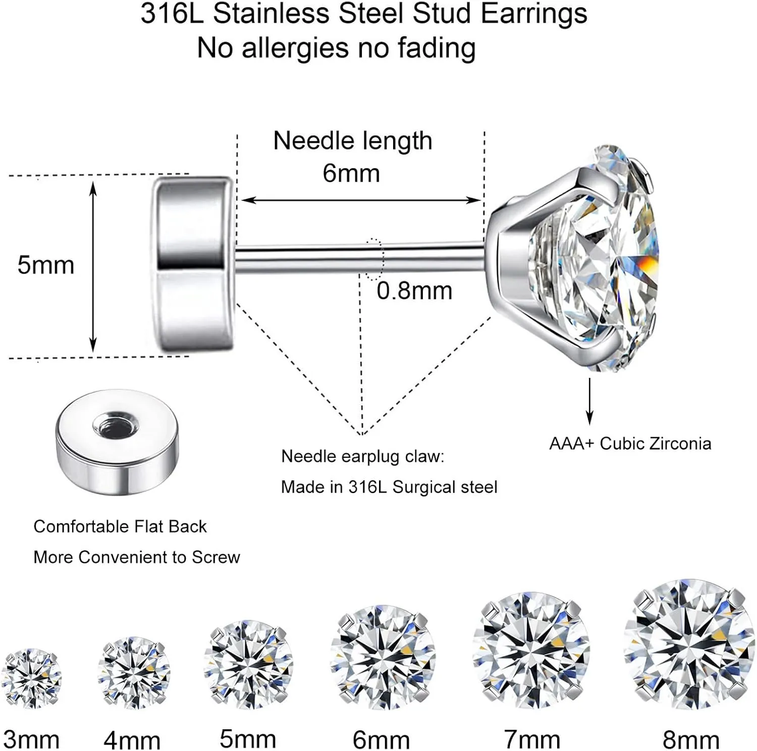 6 Pairs Hypoallergenic Surgical Steel Threaded Ear Studs for Cartilage, Helix, Lobe | Cubic Zirconia Flat Back Earrings for Women | Minimalist Everyday Jewelry Gifts