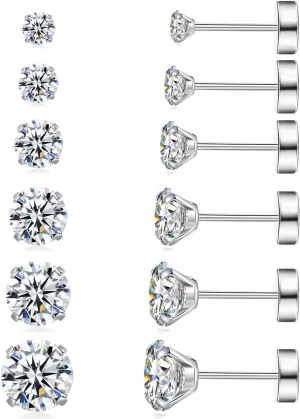 6 Pairs Hypoallergenic Surgical Steel Threaded Ear Studs for Cartilage, Helix, Lobe | Cubic Zirconia Flat Back Earrings for Women | Minimalist Everyday Jewelry Gifts