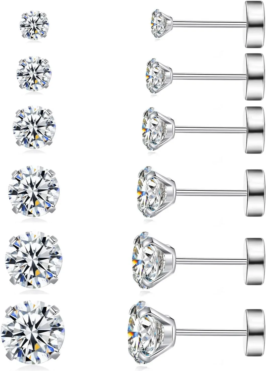 6 Pairs Hypoallergenic Surgical Steel Threaded Ear Studs for Cartilage, Helix, Lobe | Cubic Zirconia Flat Back Earrings for Women | Minimalist Everyday Jewelry Gifts