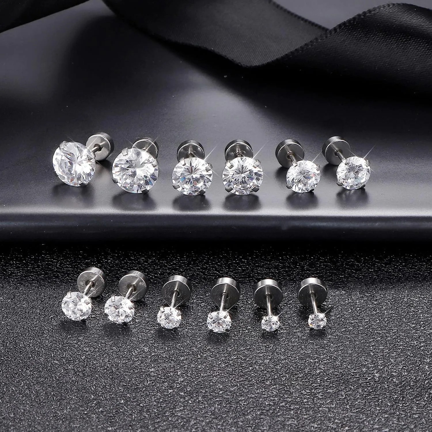 6 Pairs Hypoallergenic Surgical Steel Threaded Ear Studs for Cartilage, Helix, Lobe | Cubic Zirconia Flat Back Earrings for Women | Minimalist Everyday Jewelry Gifts