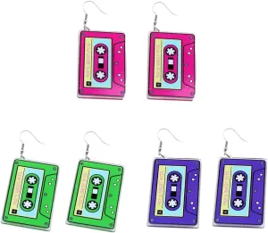70'S 80'S Neon Cassette Tape Dangle Earrings Set for Women Funny Retro Resin Acrylic Pendant Jewelry for 90's Outfit Glow Party Accessories Holiday Birthday Gifts