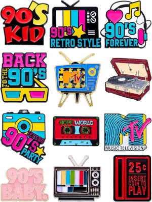 90s Nostalgia Enamel Pins Set  Retro 1990s-Themed Pins for Backpacks, Jackets, Gifts, Party Favors  Collectible Vintage Metal Lapel Pins for 90s Kids, Millennials & Pop Culture Fans  12-Pack