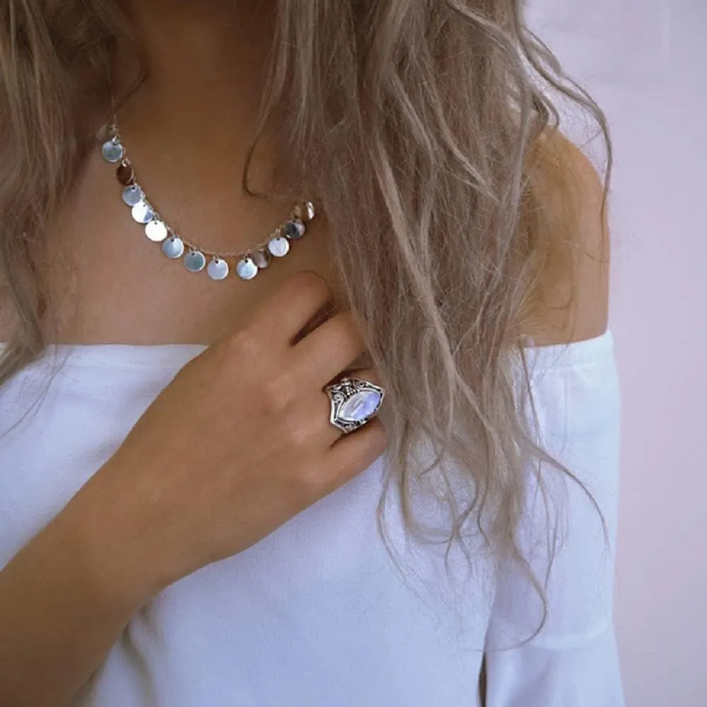 925 Sterling Silver Vintage Moonstone Rings - Antique Boho Ladies Jewelry - Elegant Gemstone Wedding Rings - Thai Silver Jewelry - Sizes 6-10
