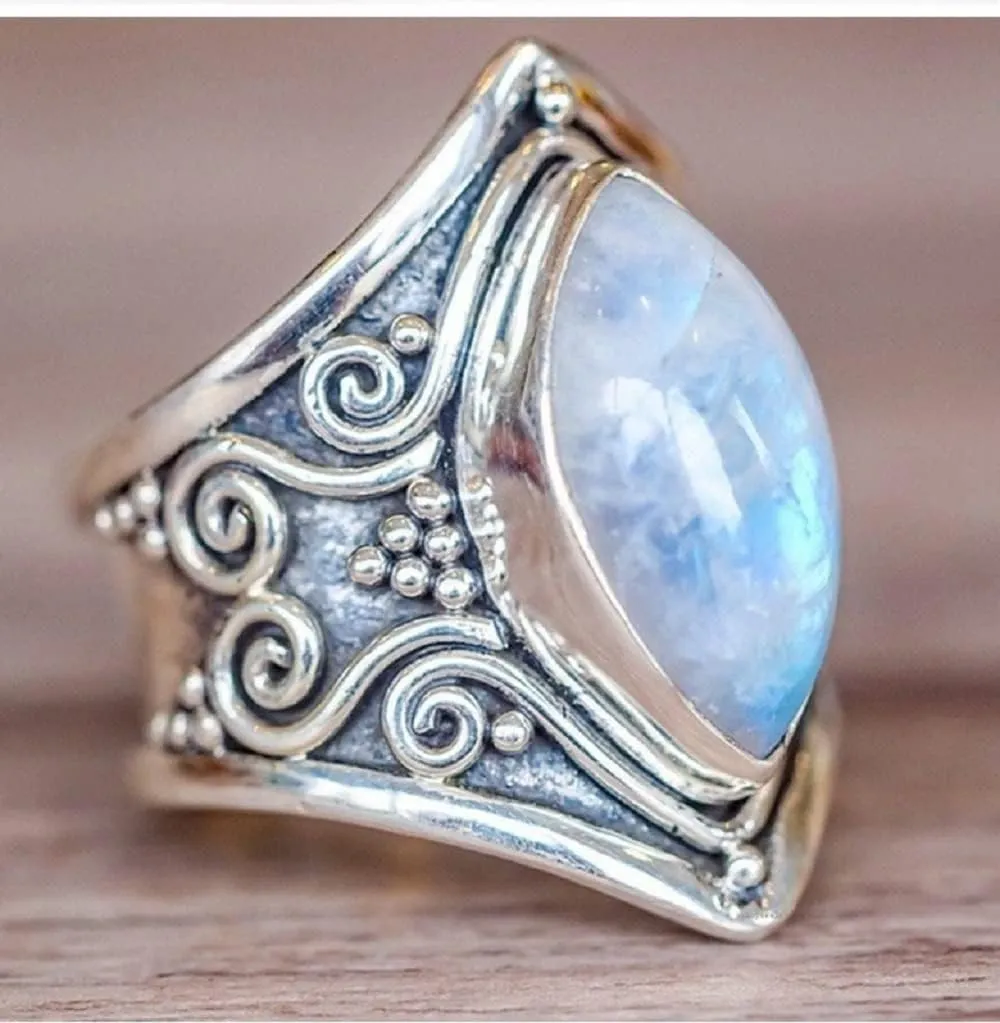 925 Sterling Silver Vintage Moonstone Rings - Antique Boho Ladies Jewelry - Elegant Gemstone Wedding Rings - Thai Silver Jewelry - Sizes 6-10