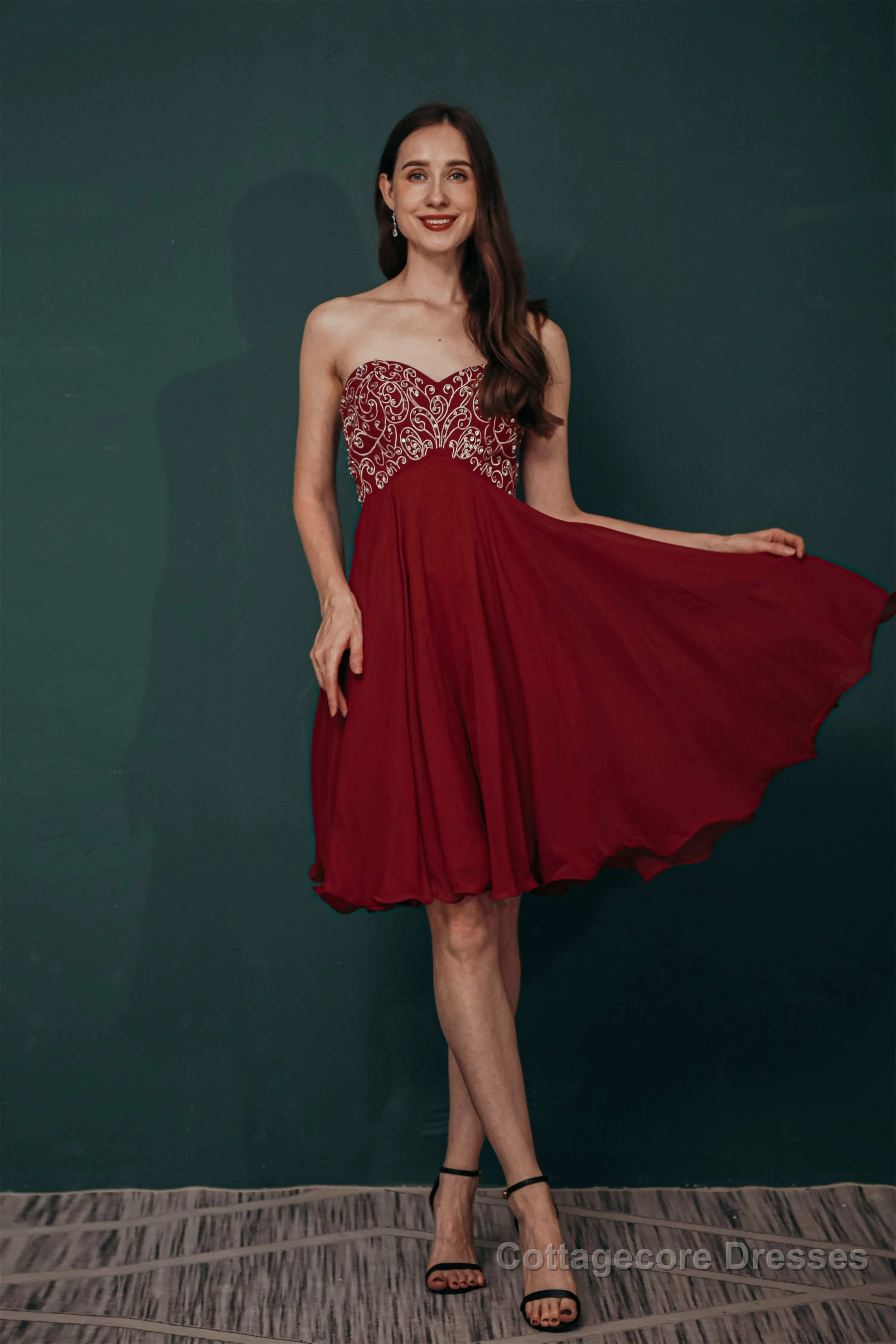 A-line Embroidery Chiffon Short Strapless Corset Back Beaded Homecoming Dresses