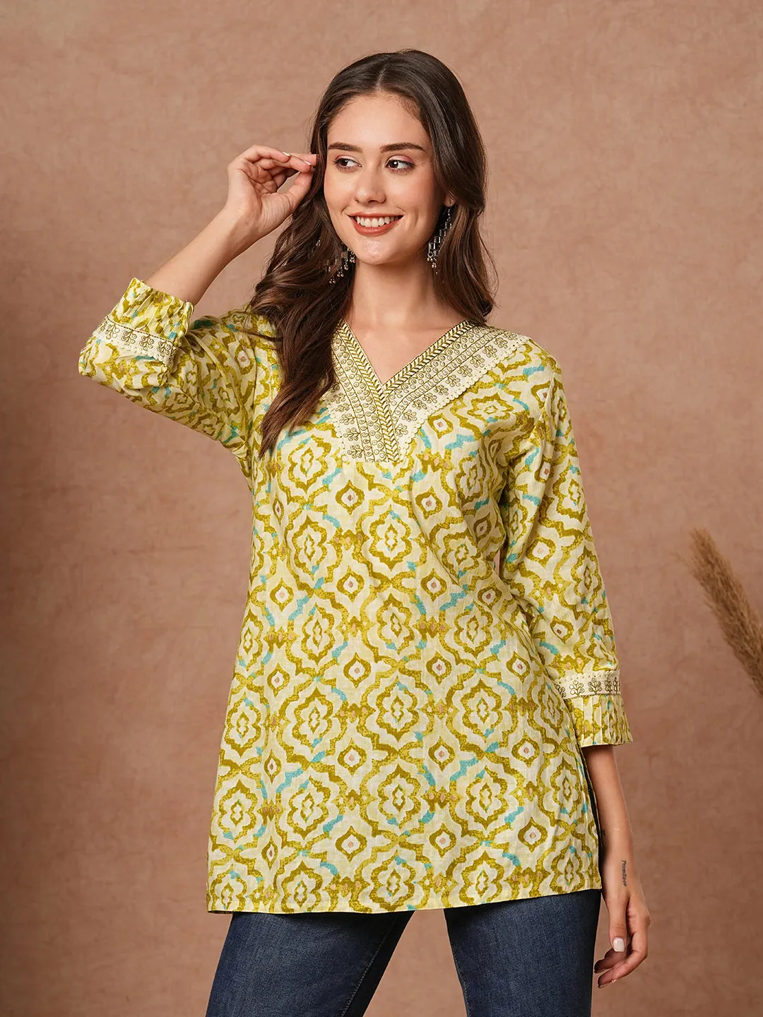 Abstract Printed Resham & Sequins Embroidered Kurti - Lime Green