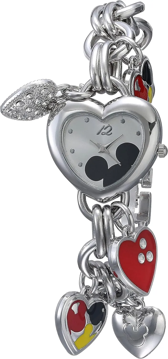 Accutime Disney Mickey Mouse Charm Bracelet Watch -Silver-Tone Heart Design Quartz Timepiece for Girls & Women
