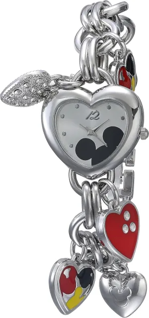Accutime Disney Mickey Mouse Charm Bracelet Watch -Silver-Tone Heart Design Quartz Timepiece for Girls & Women