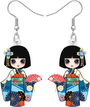 Acrylic Fun Japanese Kimono Doll Dangle Earrings Gifts for Women Cute Traditional Culture Kimono Doll Dangling Designer Earrings Hypoallergenic Jewelry for Cosplay Decor Charms