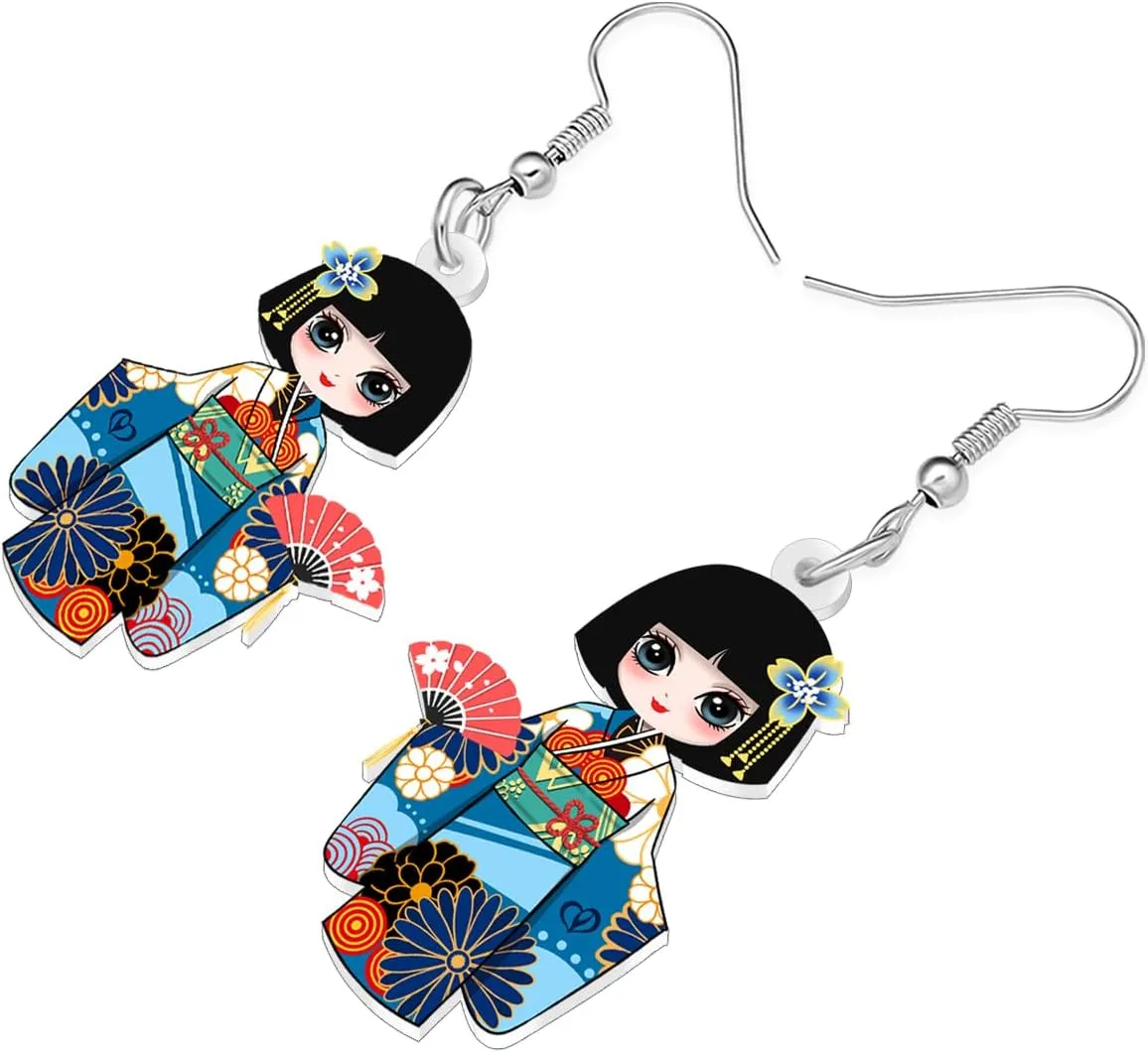 Acrylic Fun Japanese Kimono Doll Dangle Earrings Gifts for Women Cute Traditional Culture Kimono Doll Dangling Designer Earrings Hypoallergenic Jewelry for Cosplay Decor Charms