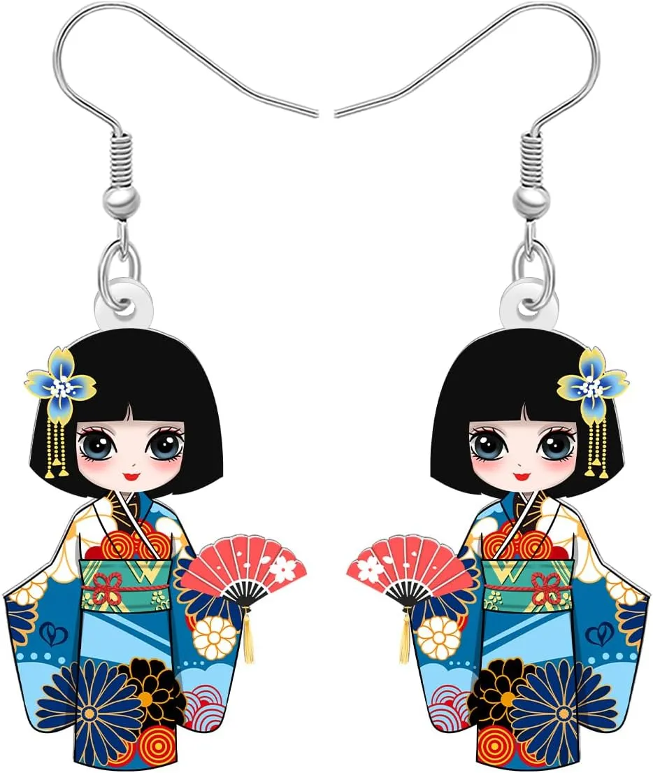 Acrylic Fun Japanese Kimono Doll Dangle Earrings Gifts for Women Cute Traditional Culture Kimono Doll Dangling Designer Earrings Hypoallergenic Jewelry for Cosplay Decor Charms