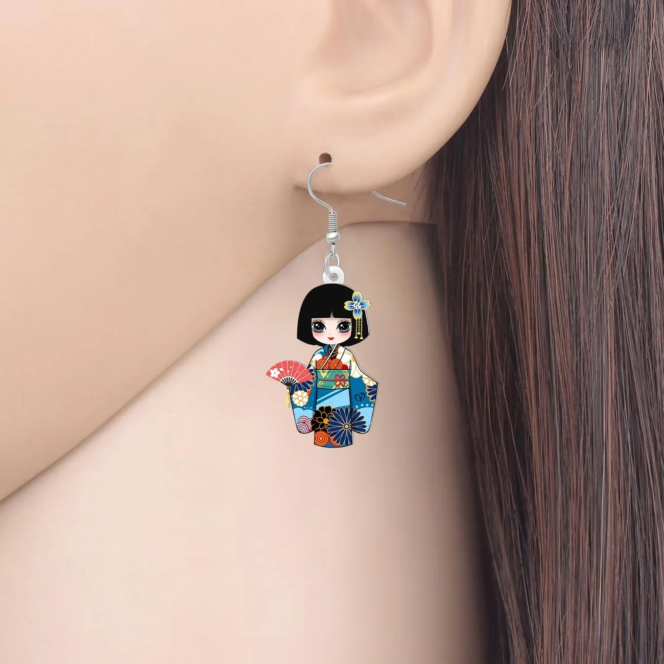 Acrylic Fun Japanese Kimono Doll Dangle Earrings Gifts for Women Cute Traditional Culture Kimono Doll Dangling Designer Earrings Hypoallergenic Jewelry for Cosplay Decor Charms