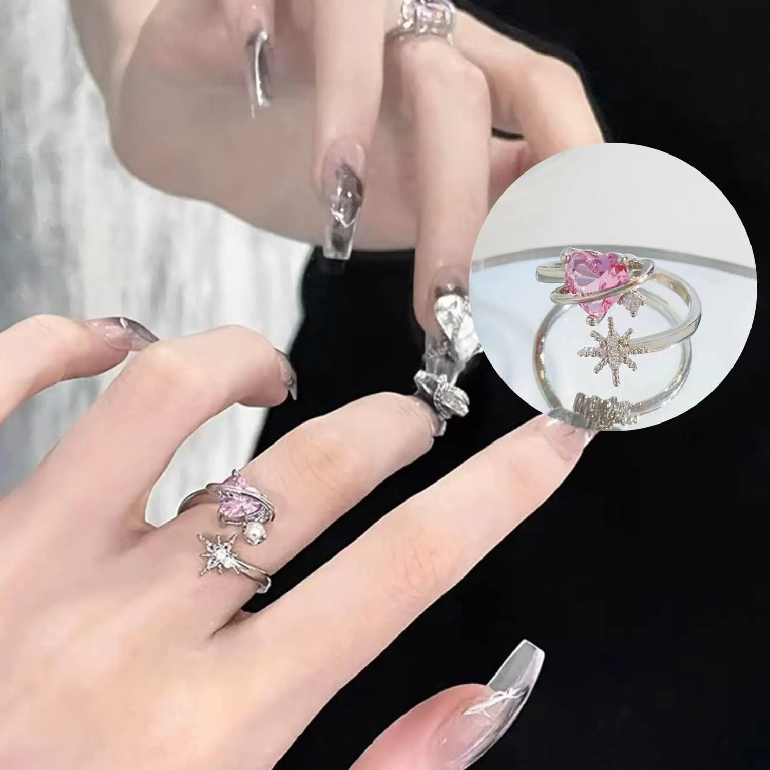 Adjustable Crystal Love Heart Cocktail Rings Elegant Open Rhinestone Engagement Wedding Statement Rings Uniquely Fashion Jewelry for Women Gift