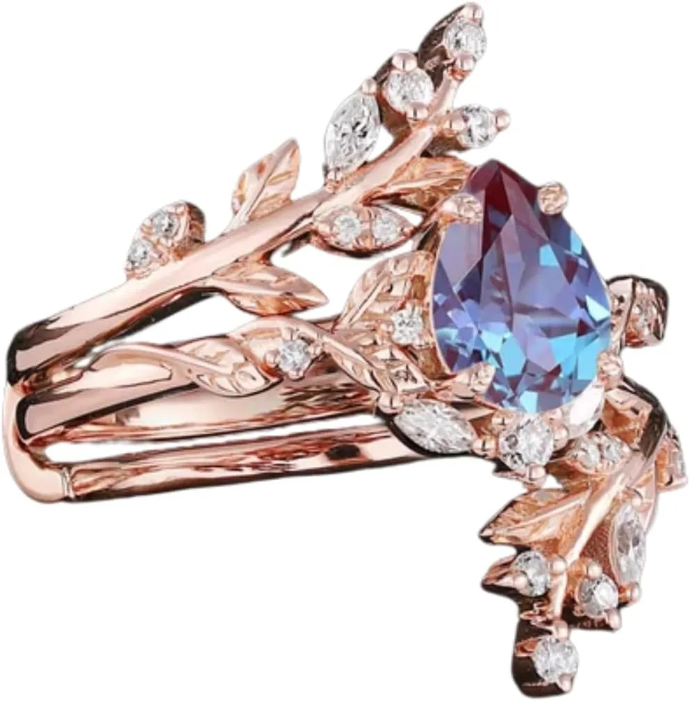 AJU ENTERPRISE Pear Cut Alexandrite & Diamond Leaf Engagement Ring Set in 14k Rose Gold Vermeil Enhancer Wedding band - Unique Art deco Bridal Promise set - June Bithstone Ring For Women
