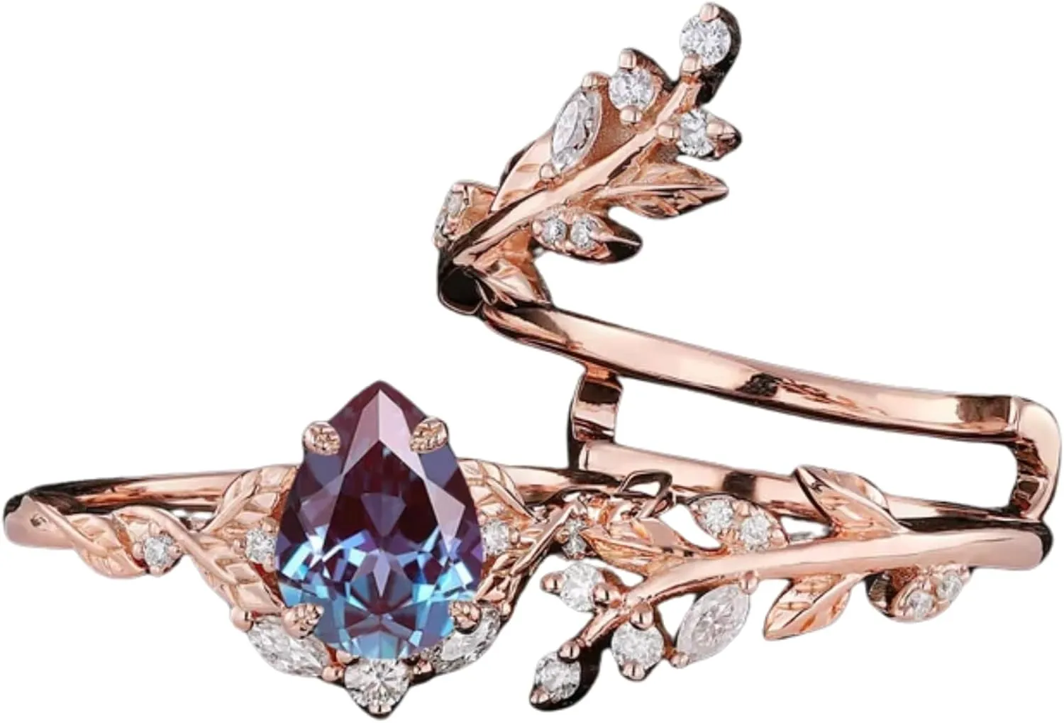 AJU ENTERPRISE Pear Cut Alexandrite & Diamond Leaf Engagement Ring Set in 14k Rose Gold Vermeil Enhancer Wedding band - Unique Art deco Bridal Promise set - June Bithstone Ring For Women