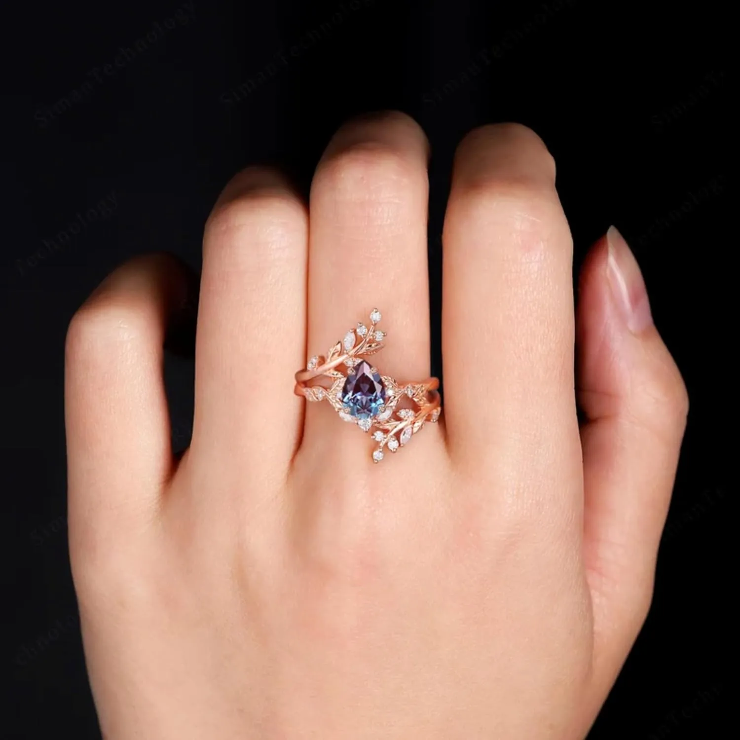 AJU ENTERPRISE Pear Cut Alexandrite & Diamond Leaf Engagement Ring Set in 14k Rose Gold Vermeil Enhancer Wedding band - Unique Art deco Bridal Promise set - June Bithstone Ring For Women