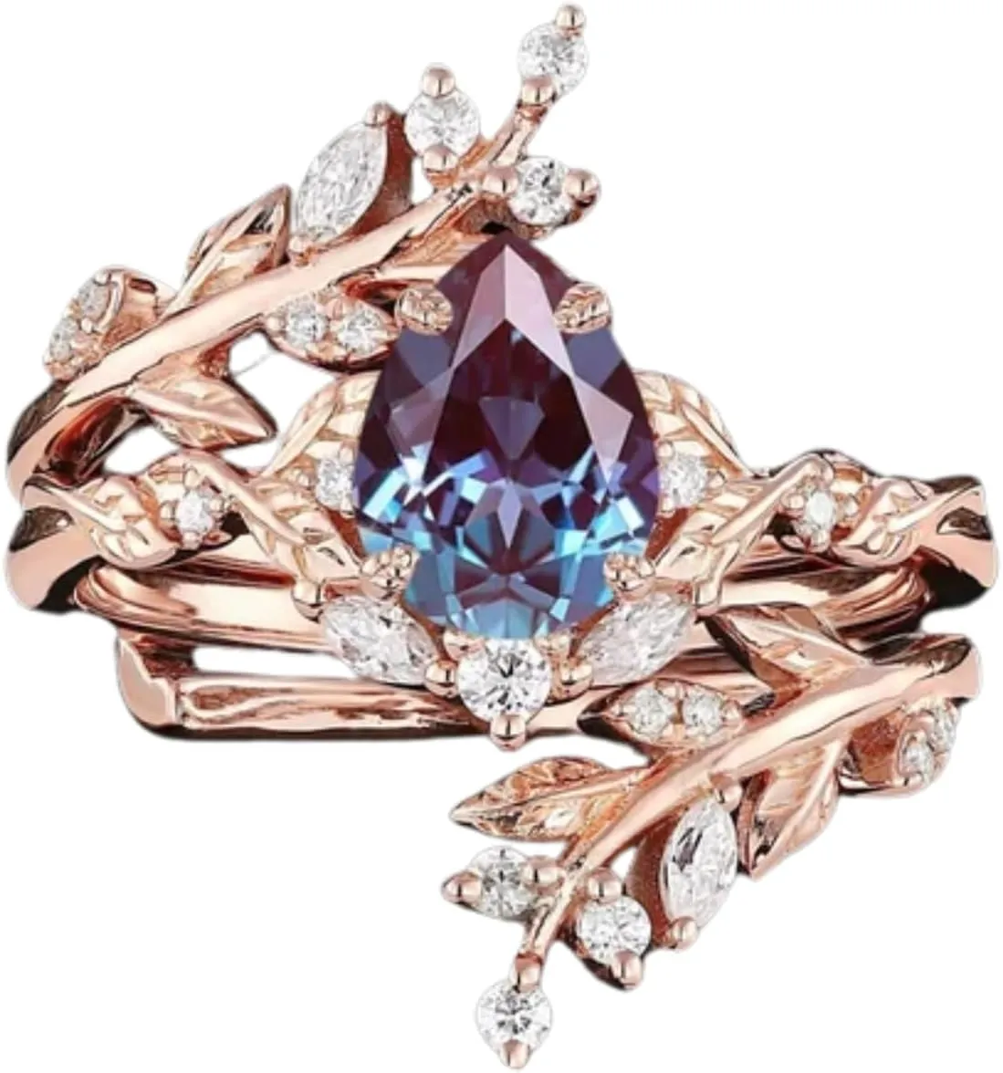 AJU ENTERPRISE Pear Cut Alexandrite & Diamond Leaf Engagement Ring Set in 14k Rose Gold Vermeil Enhancer Wedding band - Unique Art deco Bridal Promise set - June Bithstone Ring For Women