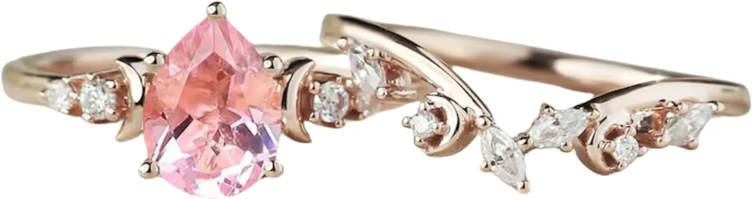 AJU ENTERPRISE Unique Pear Cut Pink Sapphire Engagement Ring Set - Moon Curved Wedding Band in 14k Rose Gold Vermeil - Anniversary Ring For Her