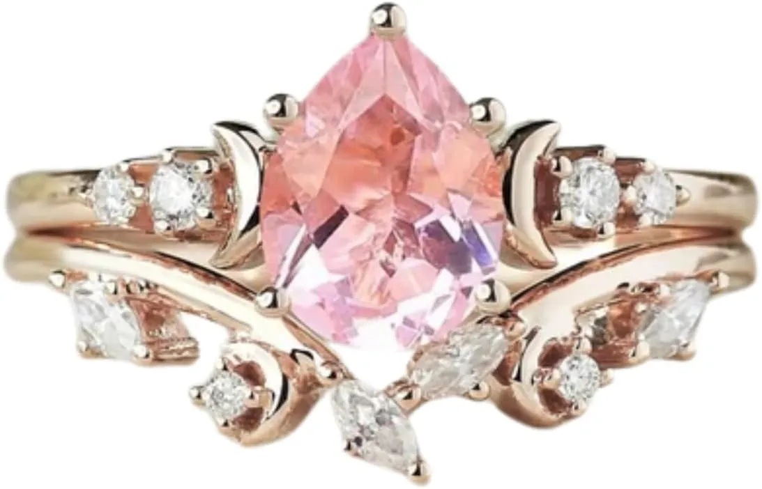 AJU ENTERPRISE Unique Pear Cut Pink Sapphire Engagement Ring Set - Moon Curved Wedding Band in 14k Rose Gold Vermeil - Anniversary Ring For Her