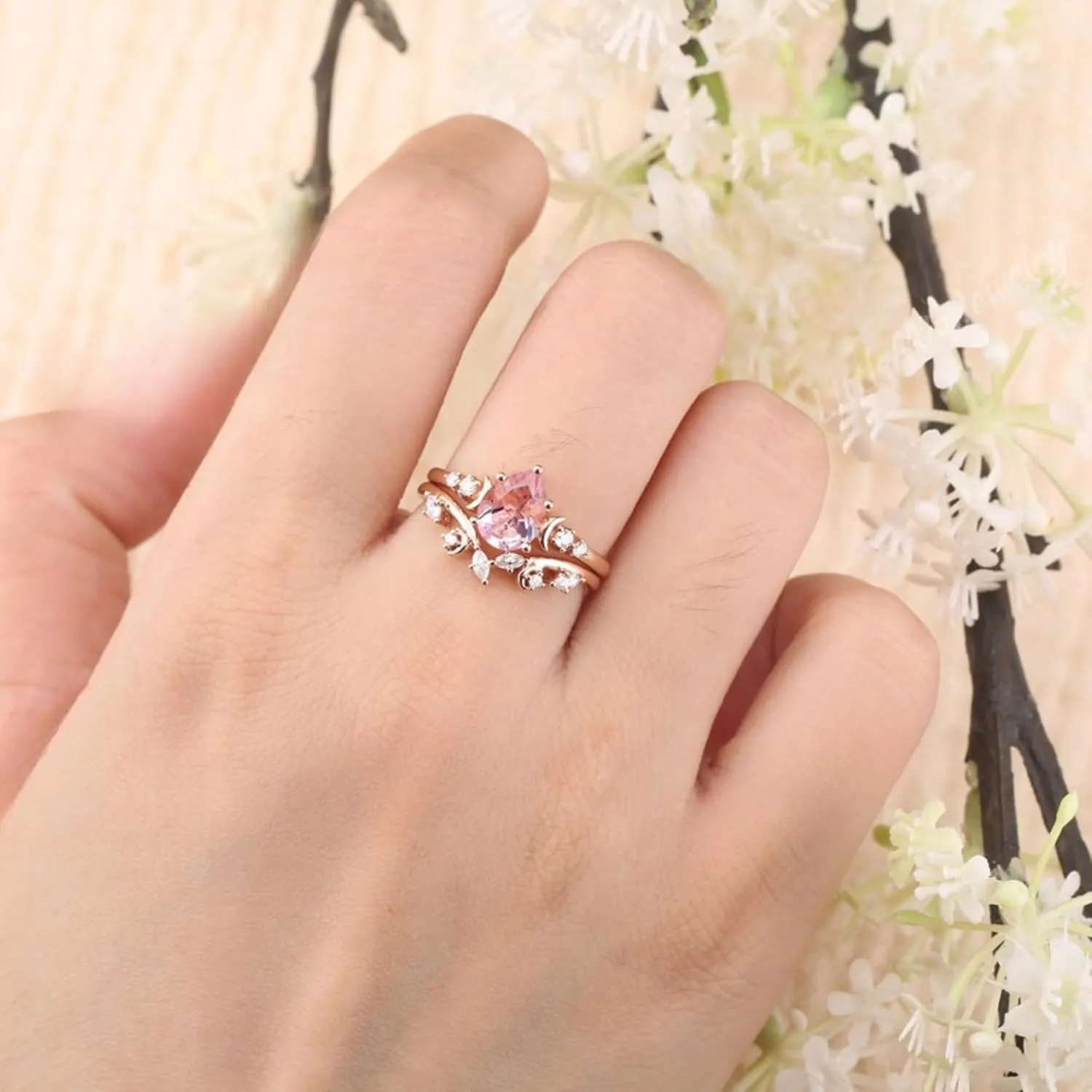 AJU ENTERPRISE Unique Pear Cut Pink Sapphire Engagement Ring Set - Moon Curved Wedding Band in 14k Rose Gold Vermeil - Anniversary Ring For Her