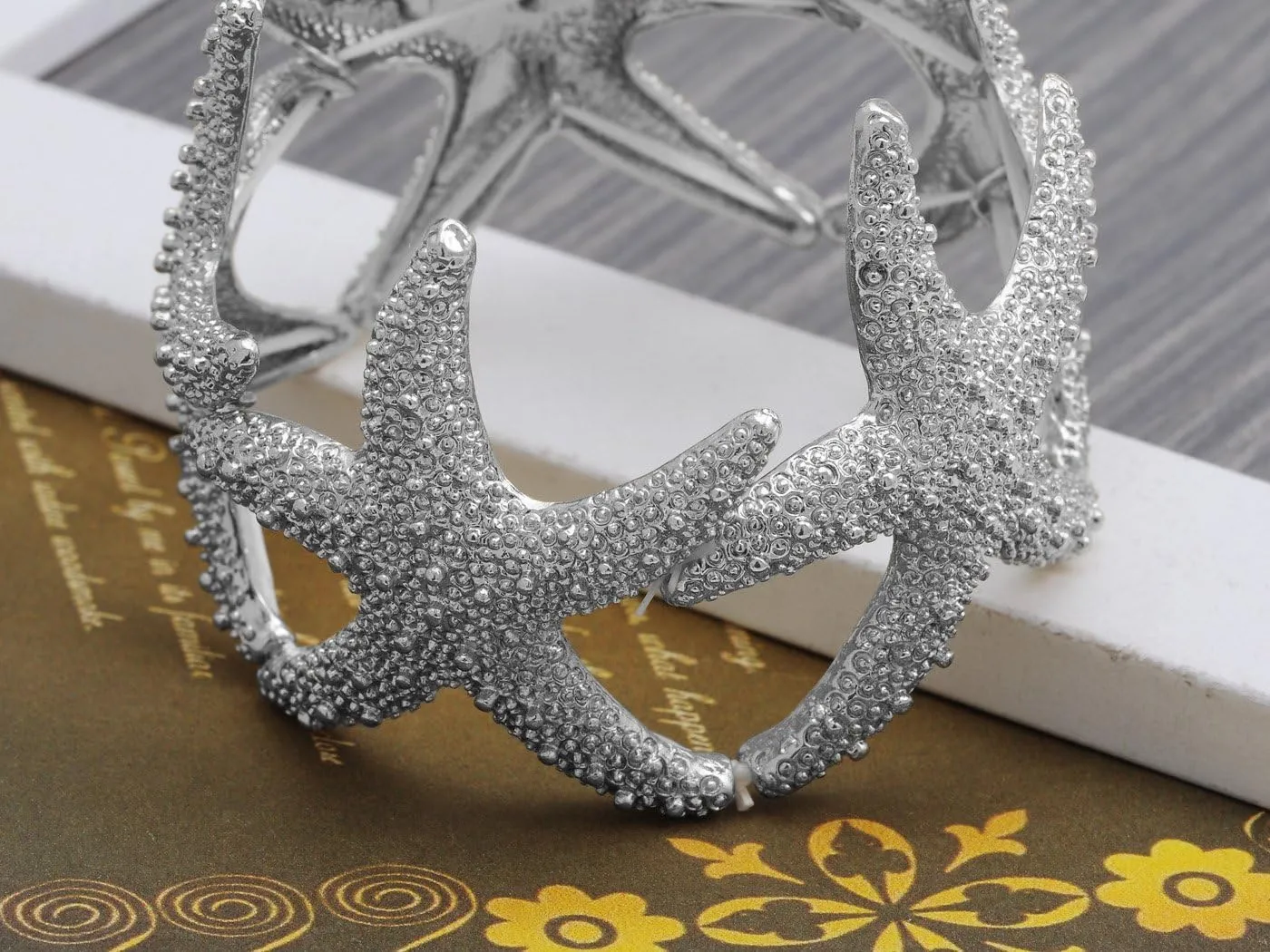 Alilang Womens Shiny Textured Starfish Stretch Bangle Cuff Statement Bracelet
